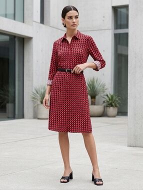 Roberto Verino Geometric Print Long Sleeve 1/2 Button Front Dress